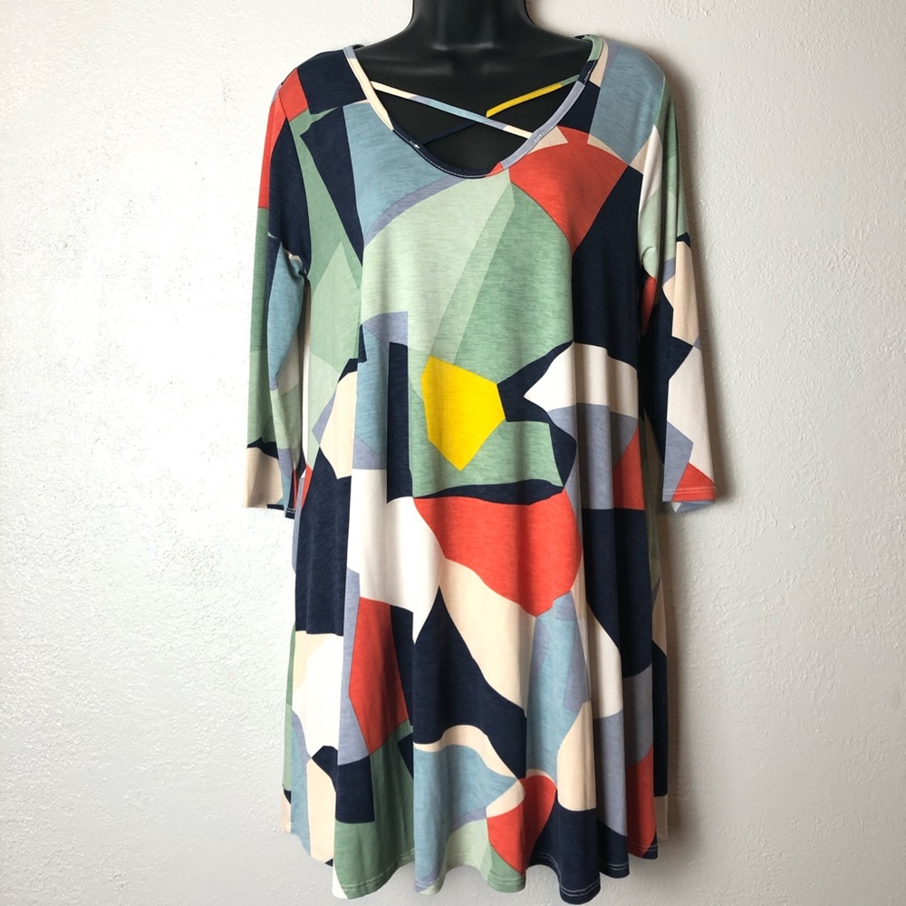COCO KELLY 3/4 sleeve geometric tunic dress Sz S